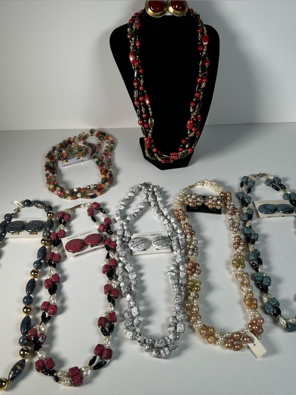 Vintage Faux Pearl Strand Graduated Necklace Necklace & Earrings Set Lot Of 7